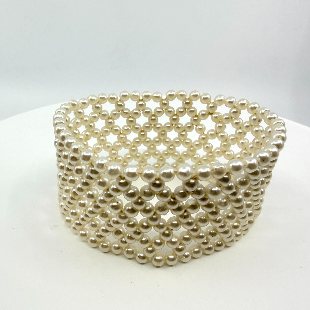 Vintage Faux Pearl Woven Wide Cuff Bracelet Cream Beaded Y2K